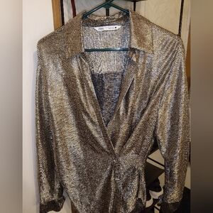 Classy Zara Shiny Gold Metallic Long Sleeve Top With Side Button Closure Size XS